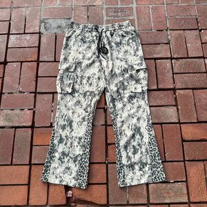 Men’s Snow Camo Cargo Joggers w/ Leopard Cuffs Drawstring Utility Pockets